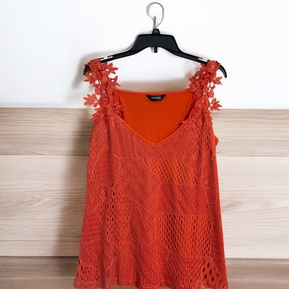 Chicme Orange Lace Tank Top Size Large Floral Shoulder Lined Flowy Summer V-Neck - Picture 4 of 5